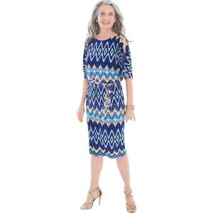 Chico's Nouveau Ikat Dress, Blue Multicolor Slit Sleeves Women's Size 1 (M)
